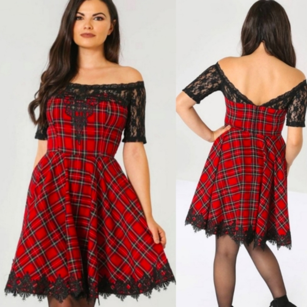 Hell Bunny Red Tartan Plaid & Black Lace Dress, Retro Pinup Rockabilly, xsmall